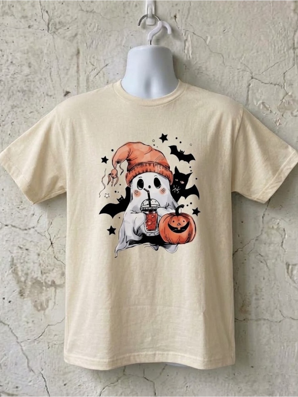 Cute Ghost Halloween Graphic Tee Pumpkin Bat Iced Coffee Shirt